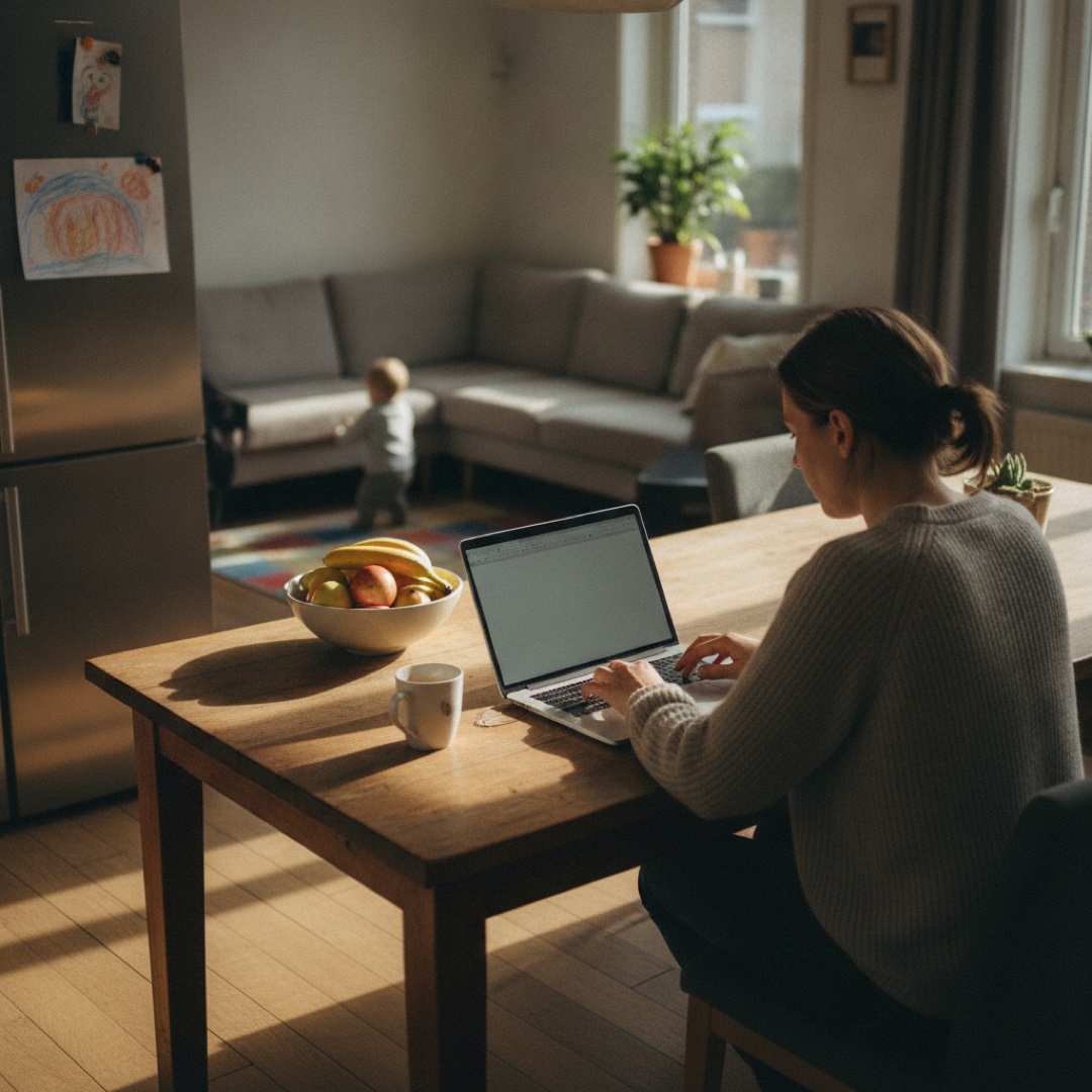 Ouder aan de keukentafel met laptop, kind speelt op de achtergrond